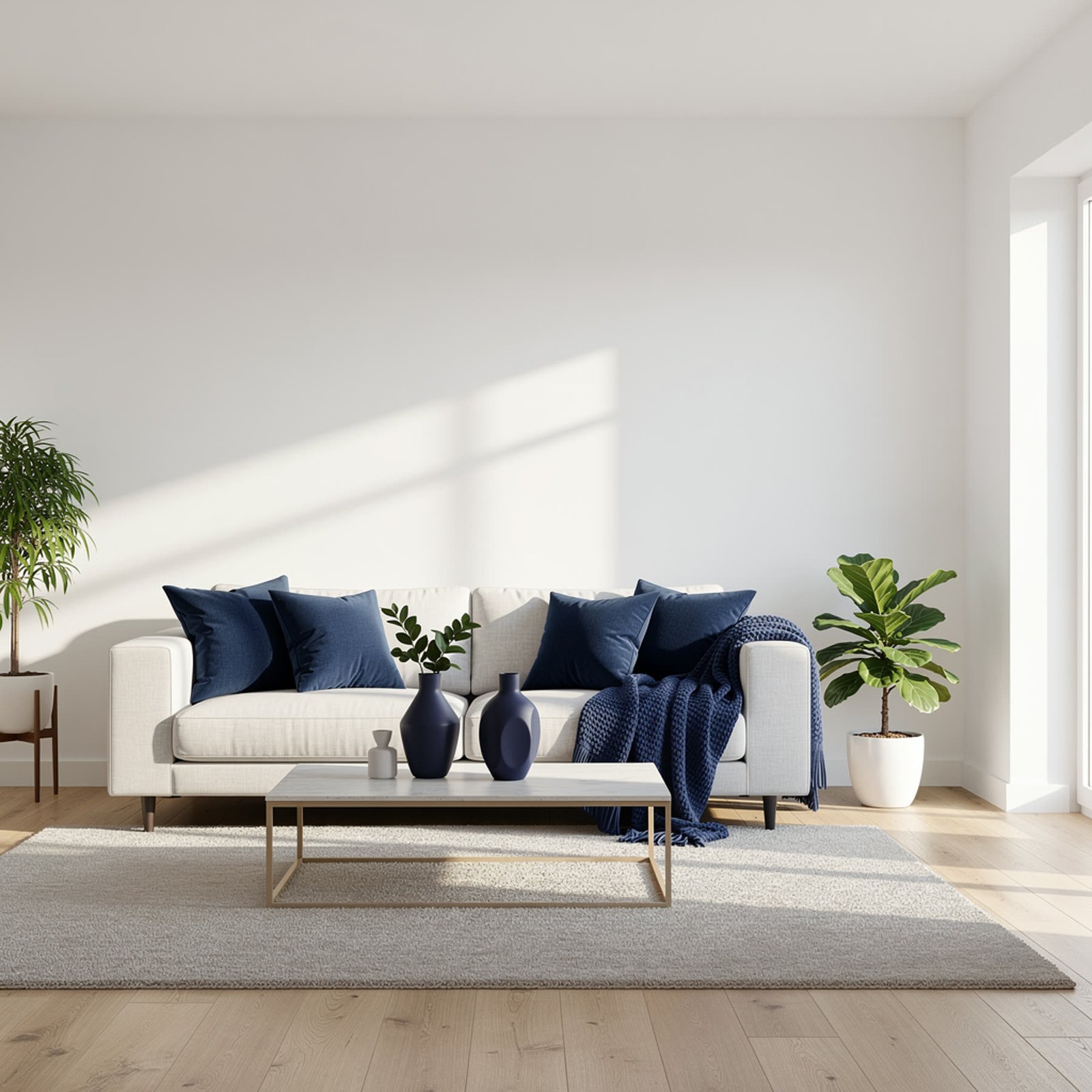 A bright finished living room with perfectly smooth walls
