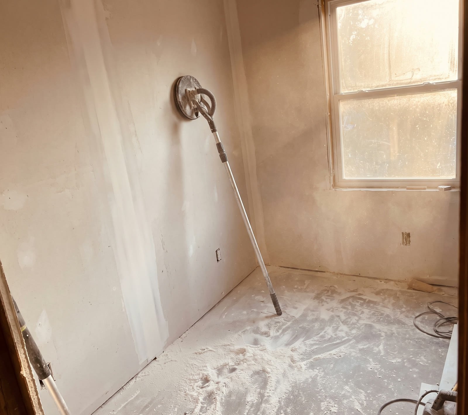 A pole sander leaning against a half-sanded drywall wall, fine sanding dust settling on the floor in afternoon light